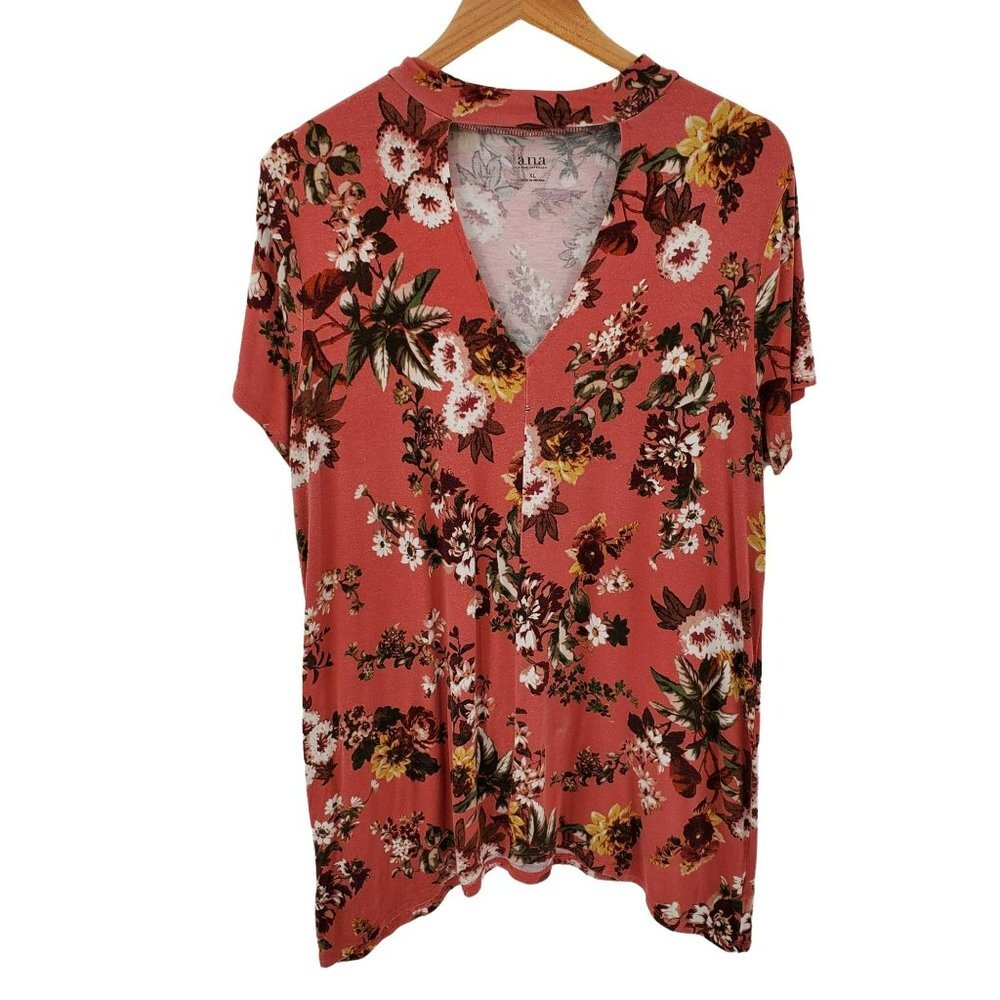 A.n.a Womens Floral Boho Tunic Top Size XL Pink Asymmetrical Short Sleeve V-Neck